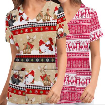 China Print Scrub Top 2 Pocket Spandex Scrub Uniforms V Neck Nursing Scrub Top Snowman Print Christmas Scrub Suit for sale