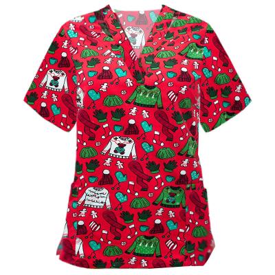 China Printing Scrub Tops Christmas Funny Christmas Polyester Christmas Nurse To Scrub Top Winter Santa Scrub Shirt for sale