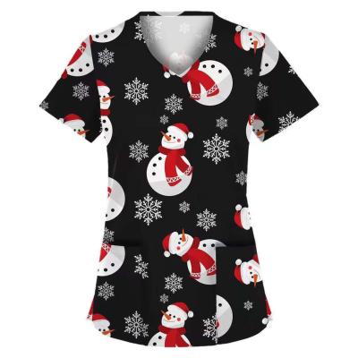 China Hot Sale Top+Pant Christmas Doctor Hospital Uniforms Medical Nursing Scrub Printed Uniform Christmas Scrub for sale