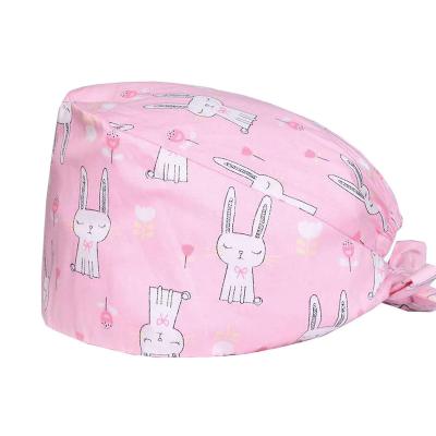 China Hot Sale Hospital Scrub Hat Pink Color Long Hair Headband Cute Rabbit Pattern Tie Back Scrub Hats for sale