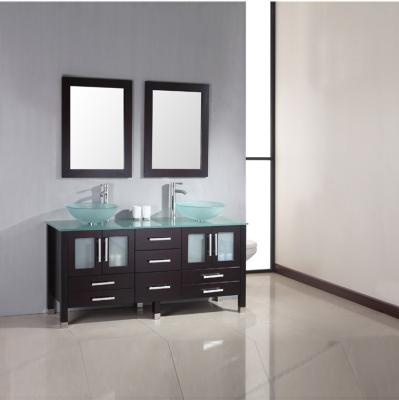 China Modern Solid Wood Double Sink Mirror Bathroom Vanity Cabinet With Countertop And Glass Sink for sale