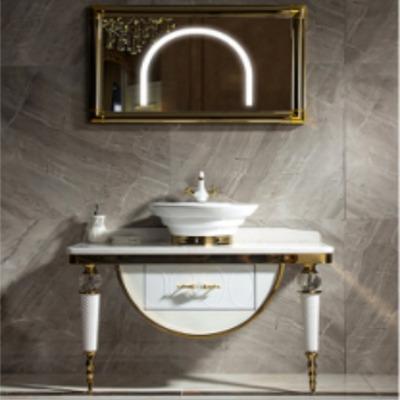 China CLASSIC Retro Single Basin Stainless Steel Bathroom Cabinet With Gold Edged Wood Frame Mirror for sale