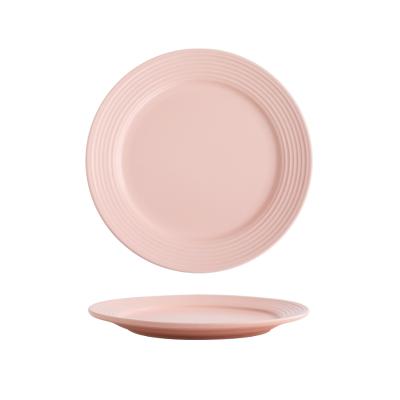 China Hot Selling Viable 7 Inch Round Shape Design Pink Embossed Ceramic Dishes Bulk Ceramic Dishes for sale