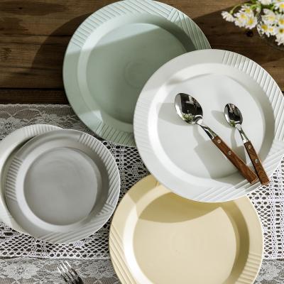 China Sustainable New Type Bargain Price Rustic Ceramic Round Dishes Set Stripes Tableware for sale