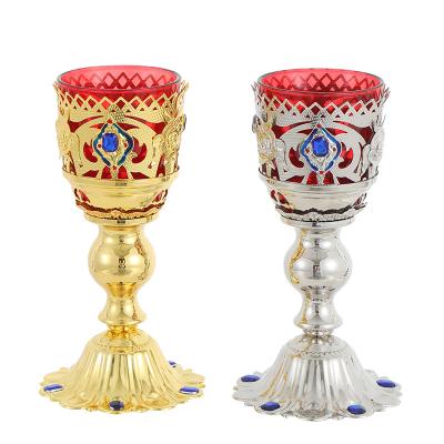 China Other Gold Orthodox Candle Holder Candelabra Votive Church of Jesus Christ Catholic Religious Candlestick with Glass for sale