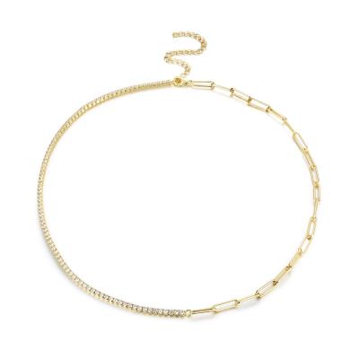 China Newest Trendy Fashion Paper Clip Chain 925 Silver Gold Plated Zircon Tennis Necklace For Ladies for sale