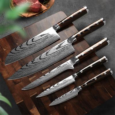 China Disposable 5Pieces Kitchen Knives Set Damascus Sanding Laser Carbon Cleaver Santoku Knife Chef Polish Process Knife for sale