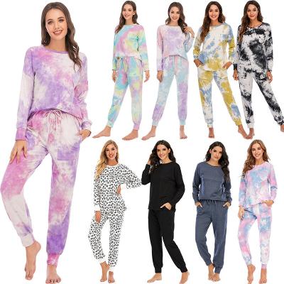 China OEM QUICK DRY 100% Cotton Hot Sale Tie Dye Pajamas Set Long Sleeve Pants Set Gradient Casual Homewear for sale