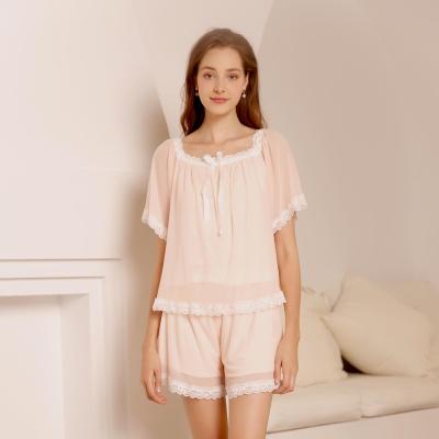 China Summer QUICK DRY Knitted Lace Up Trim V-Neck Pajamas Women Short Sleeve Sleepwear Soft Pj Set for sale