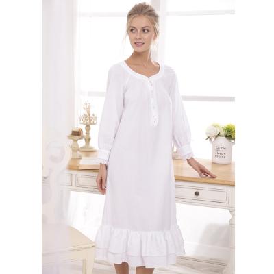 China 100% Thermal White Cotton Pajamas Adult Women's Long Sleeve Plain Nightgown for sale