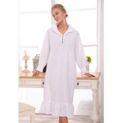 China 100% Thermal White Cotton Ladies Pajamas Women's Long Sleeve Plain Nightgown for sale