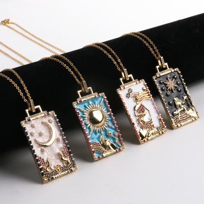 China Fashionable Hip Hop Rainbow Tarot Moon Rectangle Pendant Necklace Oil American Zircon Drop Copper Jewelry for sale