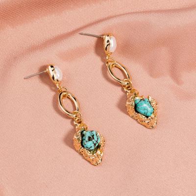 China FASHIONABLE creative exquisite natural turquoise pearl jewelry vintage dangle earrings long earrings for women wholesale for sale