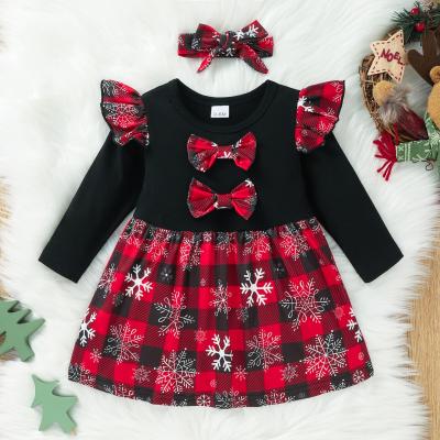 China SIMIRI Fashion Design Breathable Baby Christmas Clothes Snowflake Print Bow Babies Dress With Bow Headband for sale