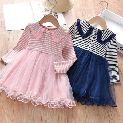 China Wholesale Washable SIMIRI Kids Girls Fall Winter Clothes Peter Pan Collar Stripe Tulle Dress For Children for sale