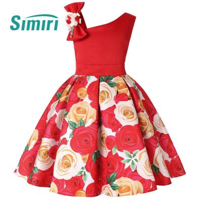 China SIMIRI High Quality Washable Oblique Shoulder Christmas Halloween Costume Rose Print Ruffle Dress With Bow for sale