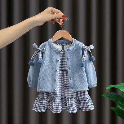 China New SIMIRI Casual Hot Sale Toddler Kids 2Pcs Set Bow Cardigan Coat Long Sleeve Ruffle Plaid Girls Dresses for sale