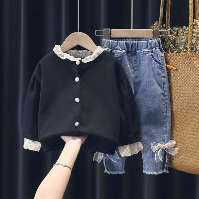 China New SIMIRI fashion spring autumn ruffle lace collar cardigan bow denim pants casual kids girls dress sets for sale