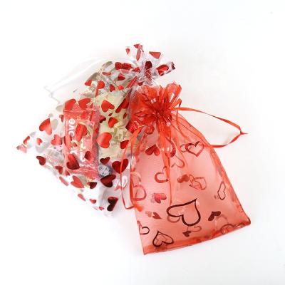 China 2022 Custom Gift Factory Valentine's Day Heart Organza Drawstring Bag Love Design for sale