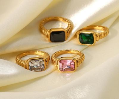 China Vintage Hot Sale 18K Gold Stainless Steel Rectangular Zircon Ring Women's Croissant Twist Spiral Ring Jewelry for sale