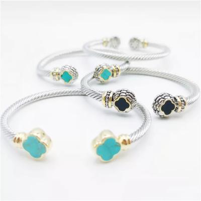 China CLASSIC Women Men Stainless Steel Jewelry Clover Shell Turquoise Twisted Cable Wire Wrapped Retro Cuff Bangle Bracelet for sale