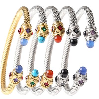 China CLASSIC Hot Selling Personalized Women's Colorful Crystal Stone Twisted Wire Titanium Steel Bracelet Wholesale for sale