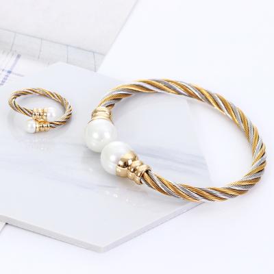 China CLASSIC Fashion Stainless Steel Adjustable Braided White Pearl Twisted Open Ring And Bracelet Set Jewelry Sets For Woman Luxury for sale