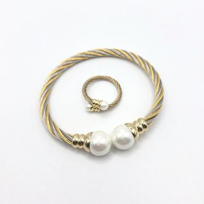 China CLASSIC 2022 Trending High Quality Pearl Stainless Steel Cable Wire Bracelet Bride New Women Jewelry Sets Bracelet And Ring Set for sale