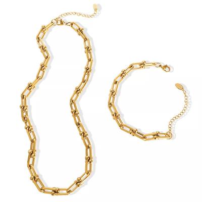 China TRENDY 18K Gold Plated Jewelry Stainless Steel Thick Chunky U Shape Link Chain Bracelet Necklace Set For Women for sale