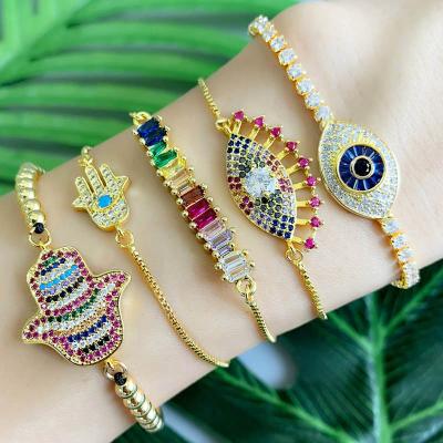 China TRENDY Lucky Blue Cubic Zirconia Adjustable Eveil Evil Eye Crystal Bracelet Stainless Charm Gold Plated White Stone for sale