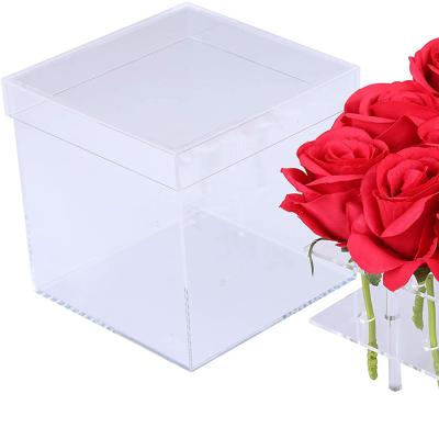 China Low MOQ Custom LOGO Eco-friendly Printing Transparent Acrylic Flower Box With Insert Pink Hole Clear Plastic Gift Packaging Box for sale