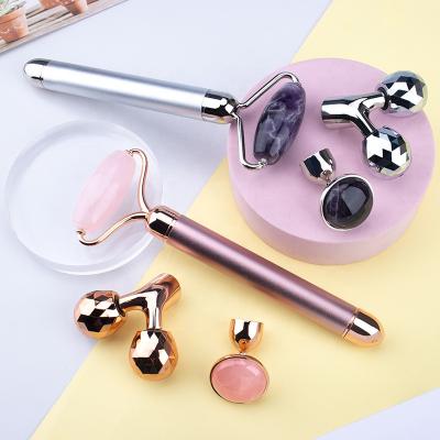 China Whitening 3 in 1 Rose Quartz Jade Face Roller Electric Vibrating Rose Quartz and Amethyst Massager for sale