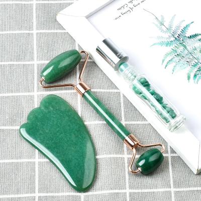 China Newest Anti-Puffiness Natural Facial Roller Massager Green Aventurine Jade Roller And Gua Sha Set With Essential Oil Bottle for sale