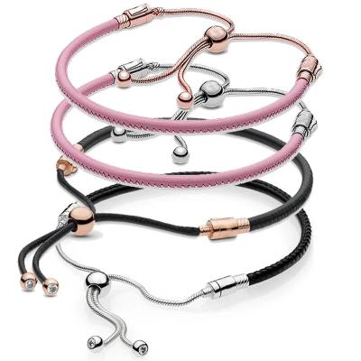 China Classic Fashion 925 Sterling Silver Leather Telescopic Bracelet Rose Gold Bangle Charm Necklace DIY Female Jewelry for sale