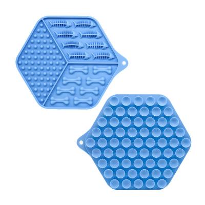 China Sustainable Pet Lick Mat Blue Hexagon Bottom Suction Cup for Dogs Slow Treat Feeder Bowls Treat Dispensing Mat Pet Slow Food Container Tool for sale