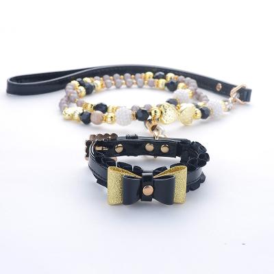 China JEWELED Pet Collars Leash Adjustable PU Leather Black Artificial Pearl Bling Studded Dog Cat Collar Leash for Dog Cat Necklace for sale