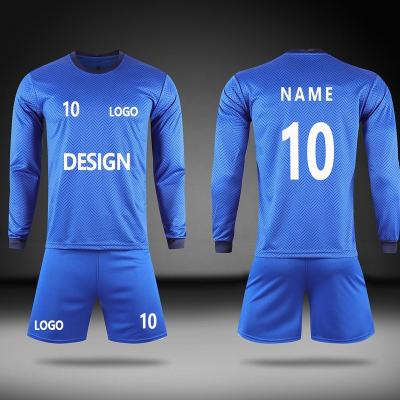 China Moisture wicking loose wholesale football jersey men's football suit full sleeve fashion polyester football uniforms suit blue for sale