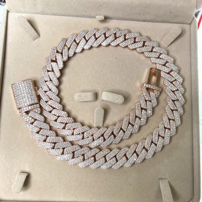 China Hiphop Ice Out Cuban Chain Necklace 18mm Wide 3 Row Chain S925 Moissanite Cuban Silver for sale