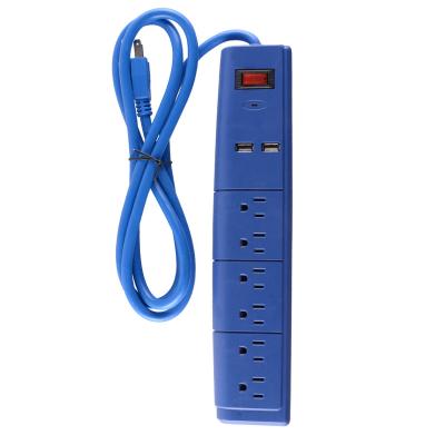 China ABS Surge Protector 6-Outlets ABS Power Strip with 2 USB, 1.5-6FT Cord, 125V/60Hz/15A/1875W, Blue for sale