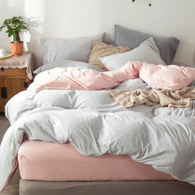 China Anti Dust Mite Singlet Knit Cotton Duvet Cover Set Queen Size Comforter Blanket Grey&Pink Stripes Bedding Set for sale