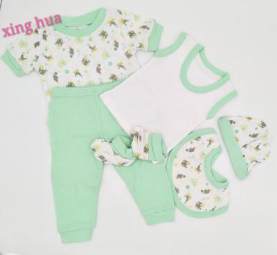 China Antibacterial Newborn Baby Cloth Jumpsuit Set Baby Clothes Sets Romper Baby Bib Pants Mittens Short Sleeve for sale