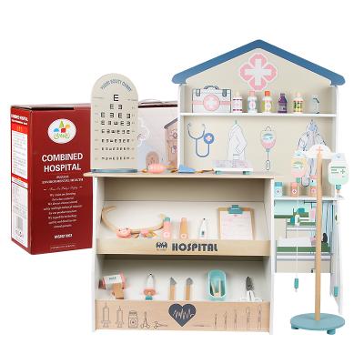 China Wooden Simulation Combination Hospital Wooden Children Play Male And Female Baby Doctor Nurse Chamber Syringe Medicine Box Suit for sale