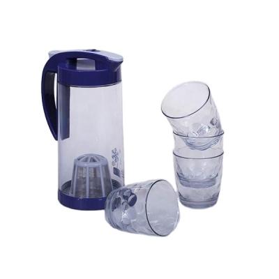 China Stocked 1.6 L Clear Plastic Cold Drink Dispenser Pitcher with Tea Infuser and 4 Drink Cups for sale