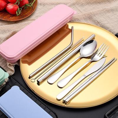 China Stainless Steel Cutlery Set-Spoon Fork Knife Straw Brush & Stocked Chopsticks With Wheat Box - Travel Set for sale