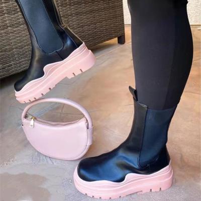 China 2022 other size new fashion women Chunky Leather Chelsea Short Boots black unique thick for women anti-skid ankle boots for sale