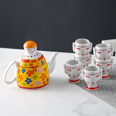 China New Viable Design Japanese Styles Cute Human Face Printing Luxury Porcelain Tea Sets With Teapot for sale