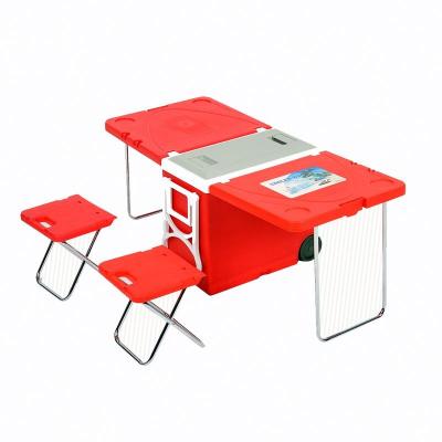 China 28l Waterproof Outdoor Portable Plastic Beer Cooler Box With Foldable Table And Chair Camping Cooler Box Set for sale