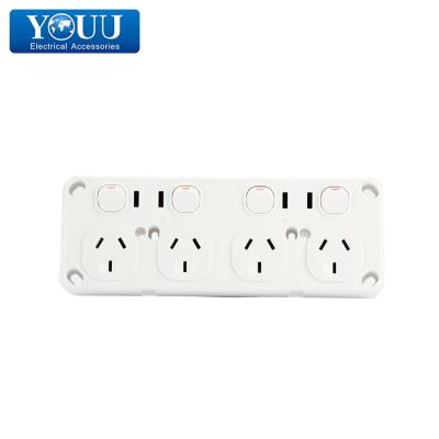 China PC + You Copper New Product Wall Switch And Socket Current Strip 10A 4 Gang Power Point Double Pole for sale