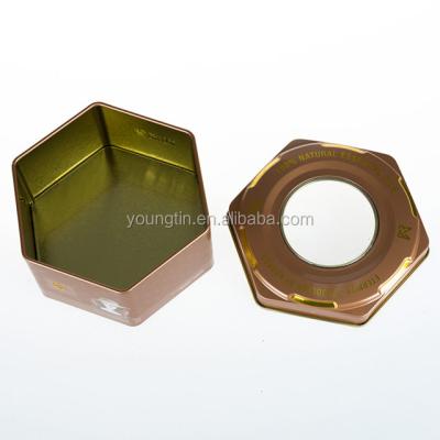 China Recyclable Hexagon Shape Coffee Pack Metal Tin Box With Window for sale