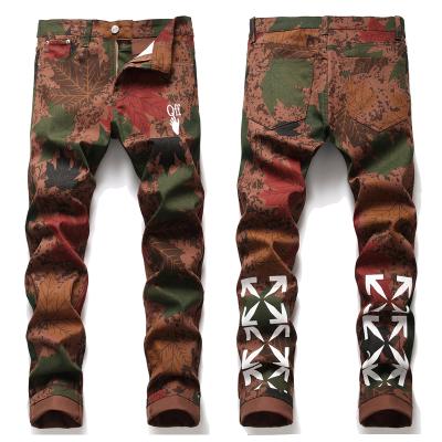 China 2022 New Hot Selling Maple Leaf Print Men's Elastic Jeans Foot Pants QUICK DRY for sale